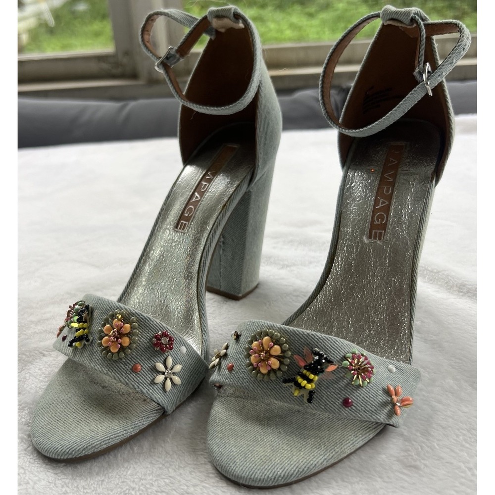 Rampage Skye Denim Bee Flower Embellished Ankle Strap Sandal Heels Size 8.5